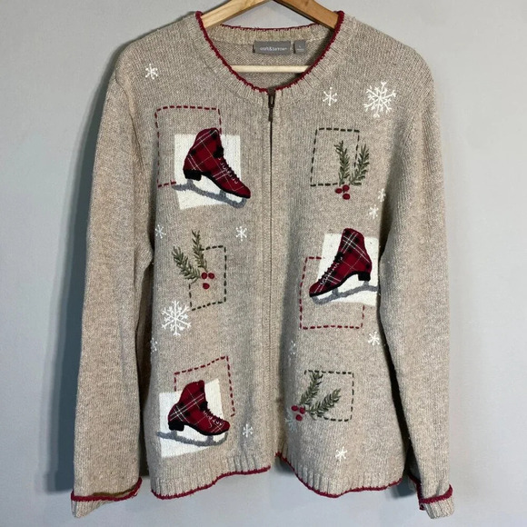 Vtg Croft & Barrow Ice Skating Christmas Wool Angora Full Zip Sweater Women's L - Picture 5 of 15